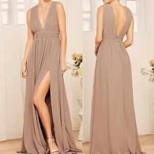 LULU’S Heavenly Hues Taupe‎ Tan Deep V Bridesmaid Dress Gown SZ S chiffon Formal